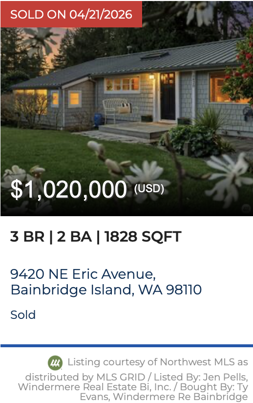 Eric Avenue on Bainbridge Island. Sold by Jen Pells Windermere Bainbridge.